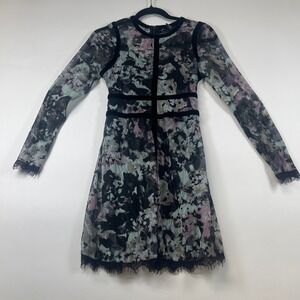 Fire Los Angeles Floral Lace Long Sleeve‎ Dress Black Pink Green S